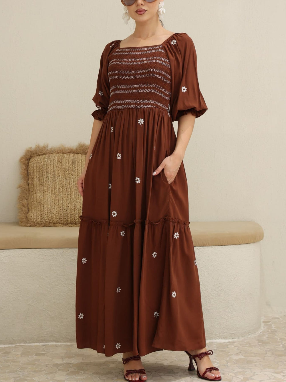 Taflen Brown Embroidered Smocked Dress
