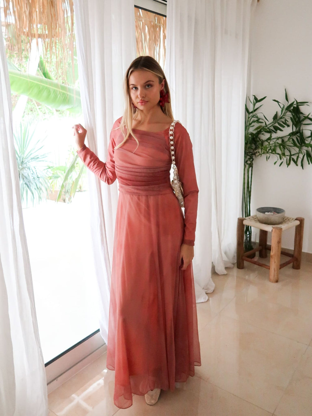Blush Drape Water Colour Mesh Long Dress