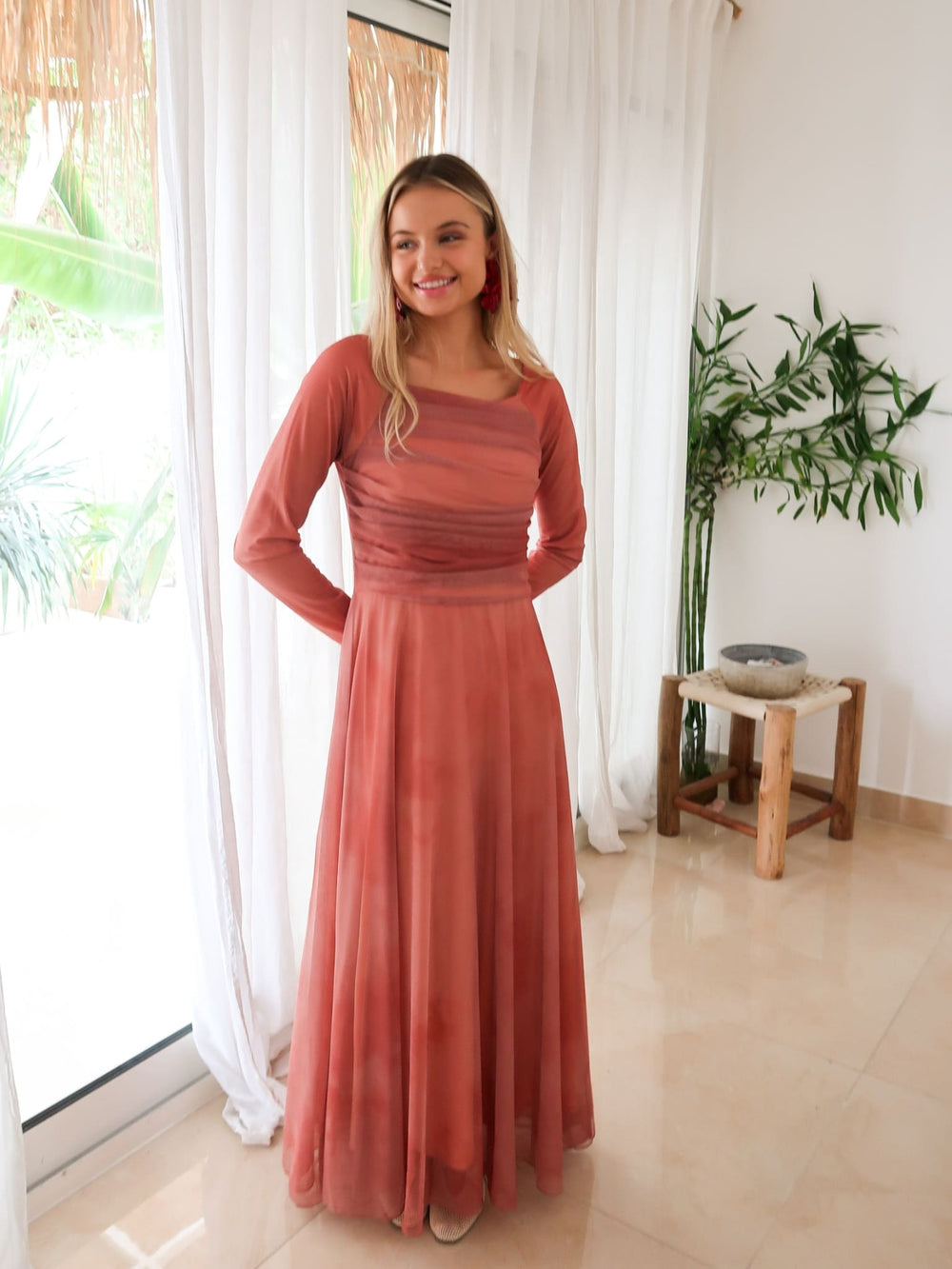 Blush Drape Water Colour Mesh Long Dress