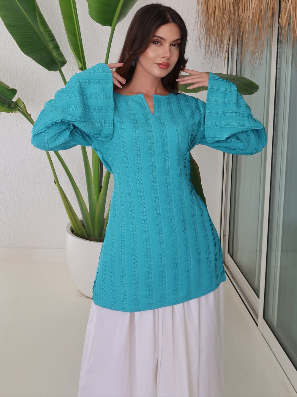 Zylah Blue Crochet Ruching Shirt
