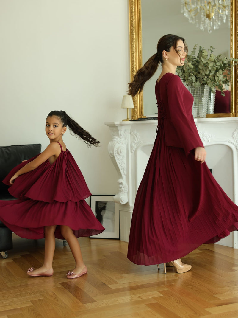 Mini Celestine Maroon Pleated Dress For Girls