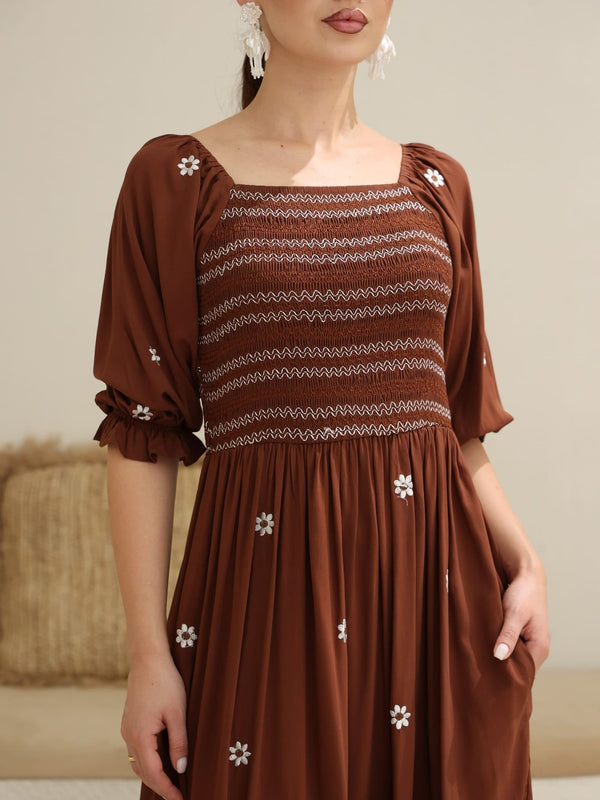 brown embroidered dress Brown Floral Embroidered Strapless Dress - Midi Dresses