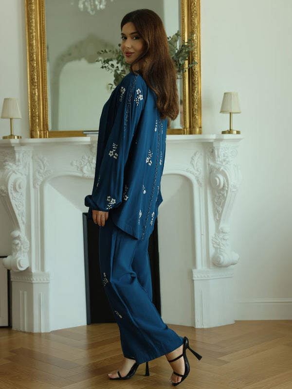 Zean Blue Embellished Co Ord Set