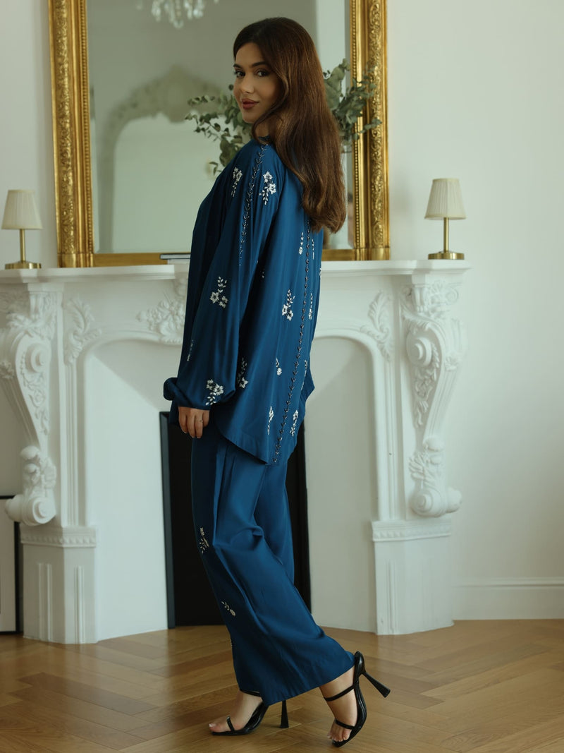 Zean Blue Embellished Co Ord Set