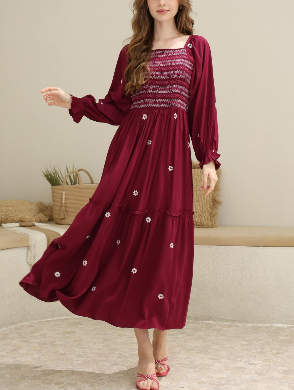 Taflen Plum Embroidered Smocked Dress