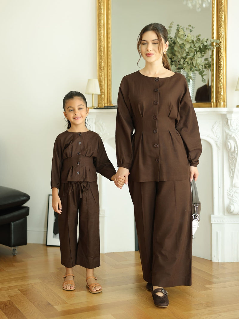 Mini Henley Brown Co Ord Set For Girls