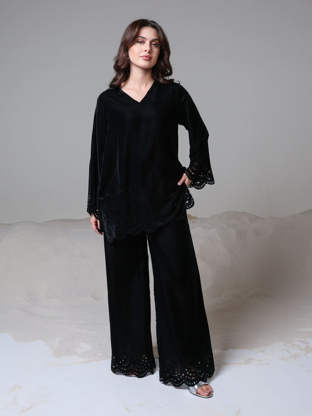 Eloise Black Velvet Cut Work Co Ord Set