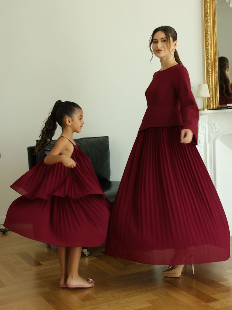 Mini Celestine Maroon Pleated Dress For Girls