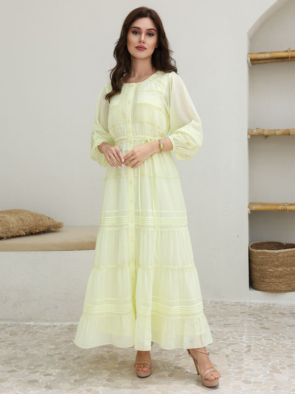 pastel yellow modest dress SHEIN MOD Women's Off Shoulder Lace Trim Splice Pastel Yellow Summer Modest Cottage Core Garden Party Vacation Dress, French Vintage Puffed Sleeve Outfits