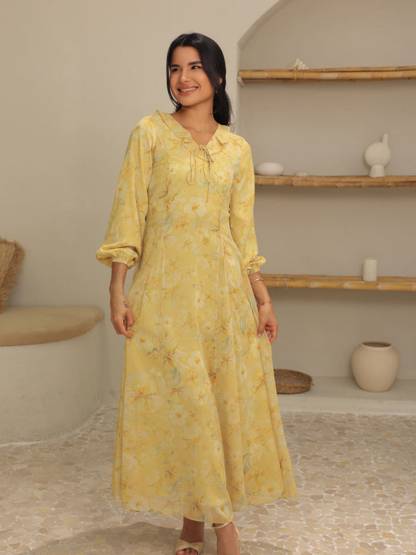 pastel yellow modest dress Printed Tie Dress With Pleats