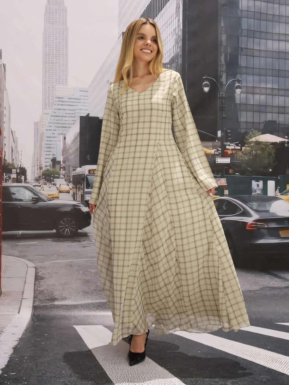 Lisa Plaid Fish Panel Long Dress