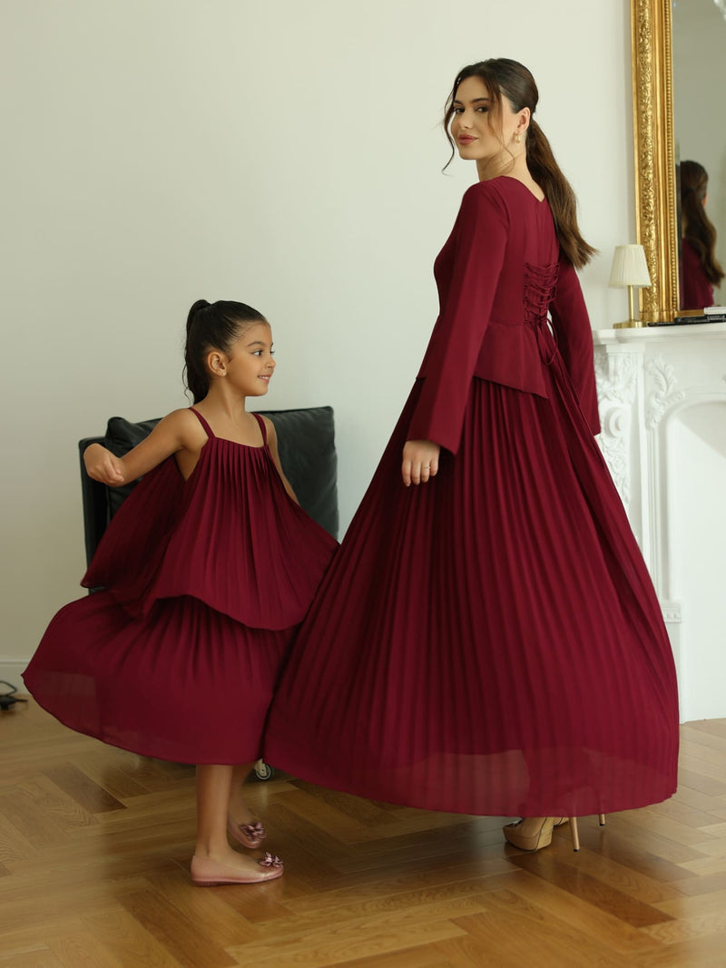 Mini Celestine Maroon Pleated Dress For Girls