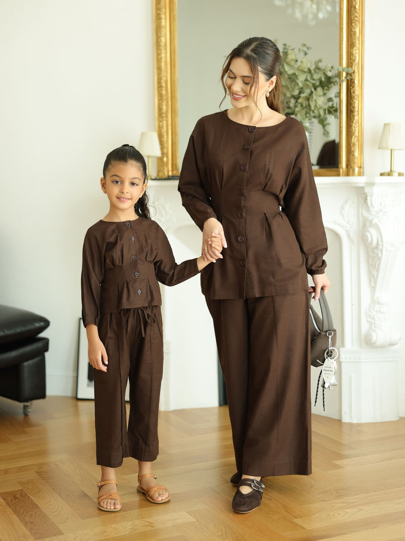 Mini Henley Brown Co Ord Set For Girls