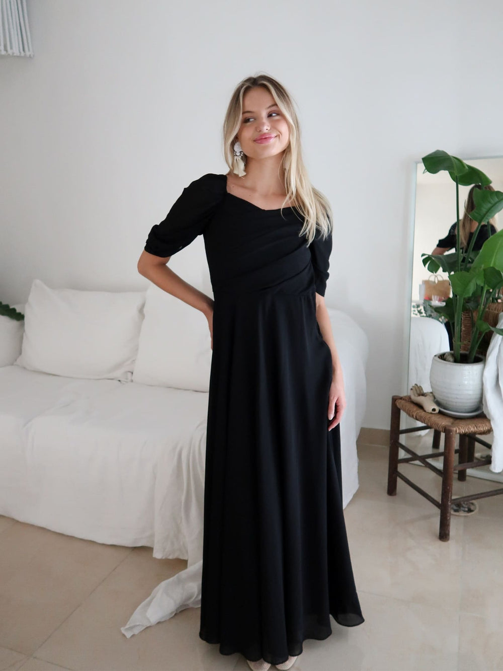 Reese Pleated Black Long Dress