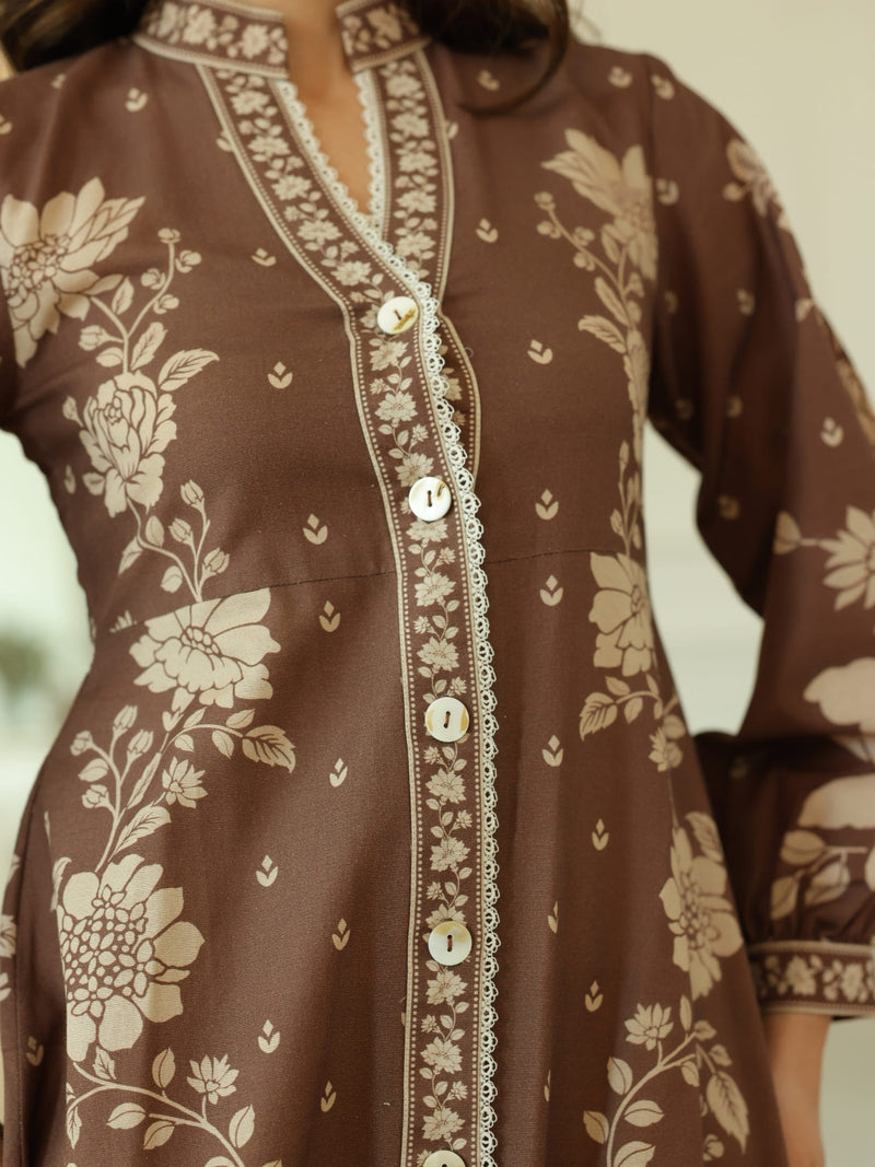 Ebony Brown Long Floral Dress