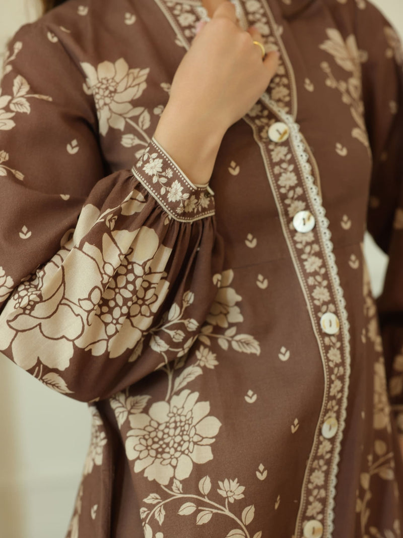 Ebony Brown Long Floral Dress