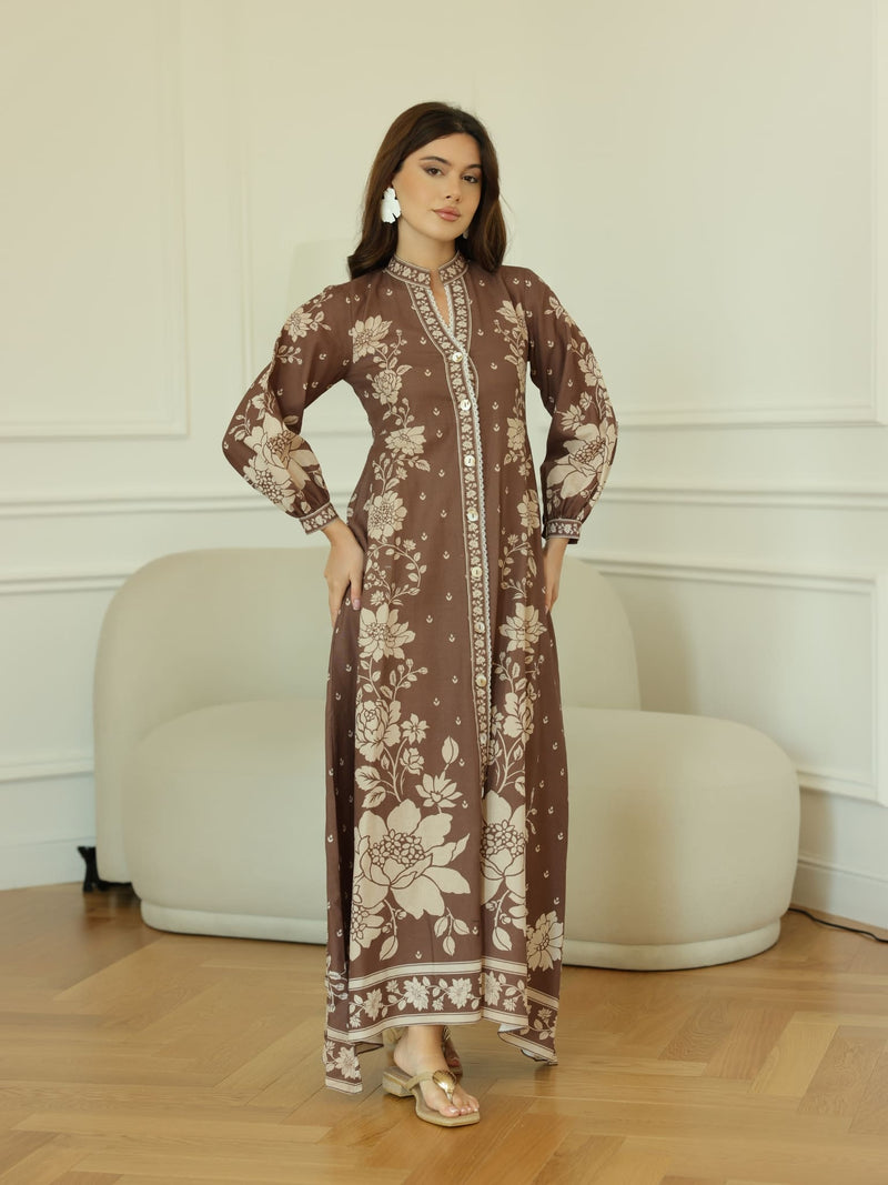 Ebony Brown Long Floral Dress