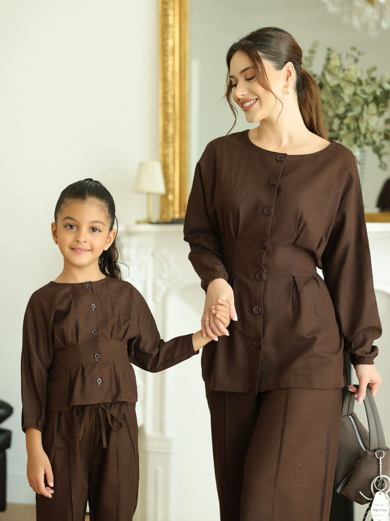 Mini Henley Brown Co Ord Set For Girls