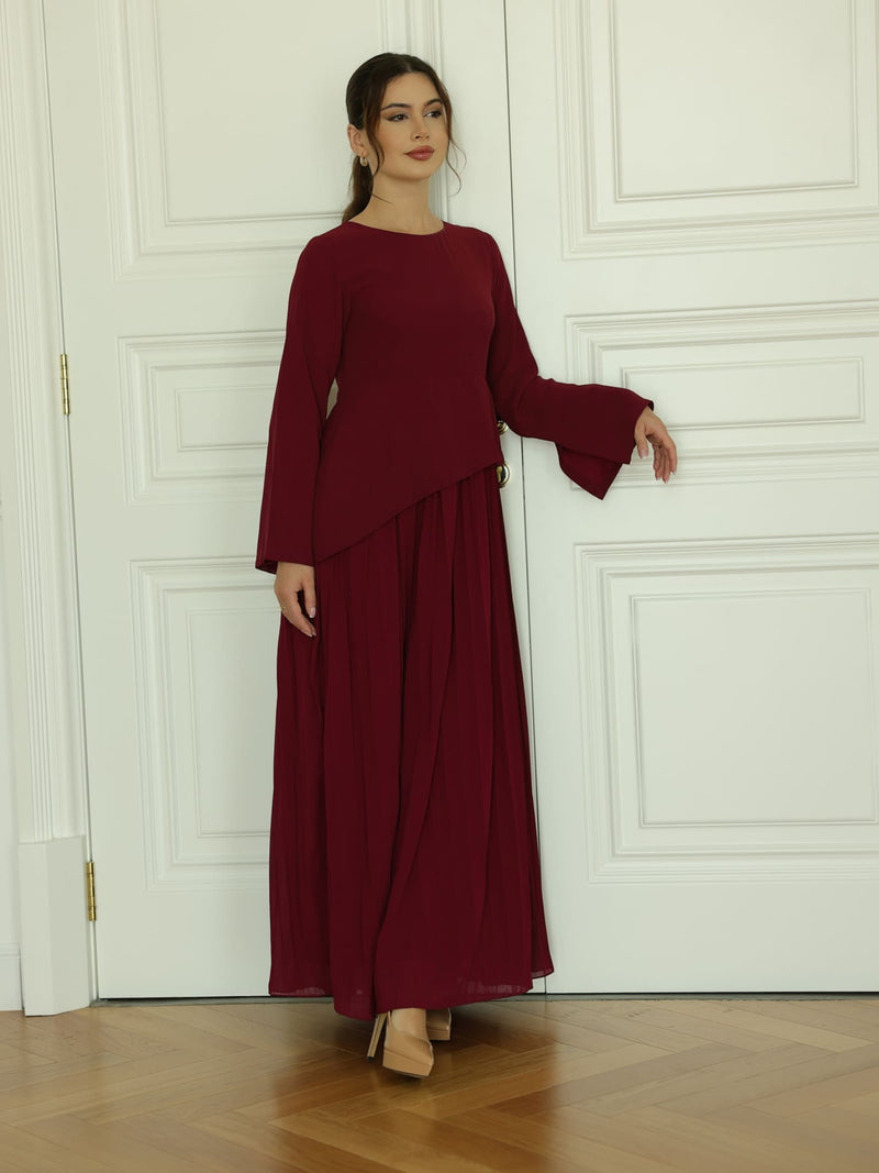 Celestine Maroon Pleated Long Dress
