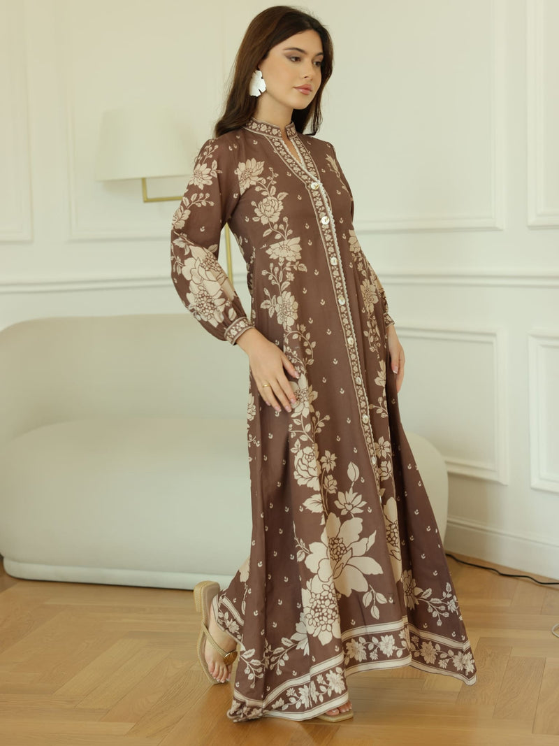 Ebony Brown Long Floral Dress