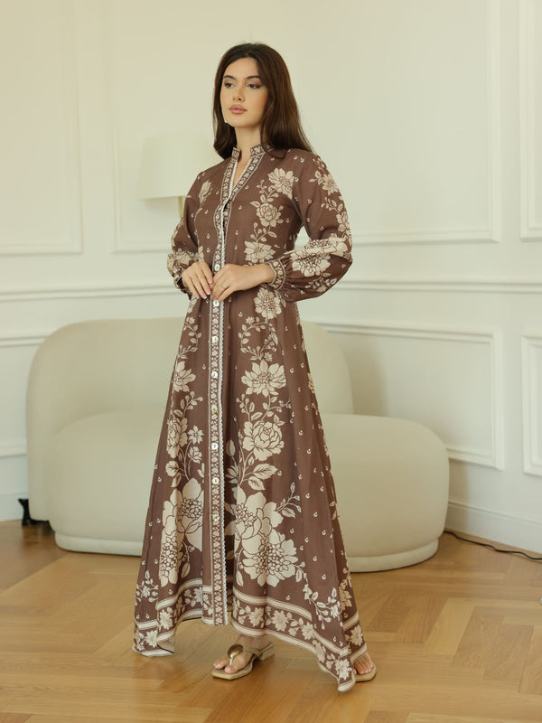 Ebony Brown Long Floral Dress