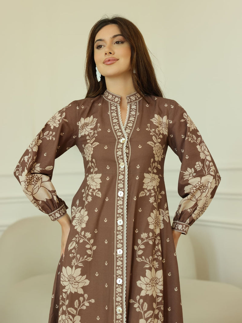 Ebony Brown Long Floral Dress