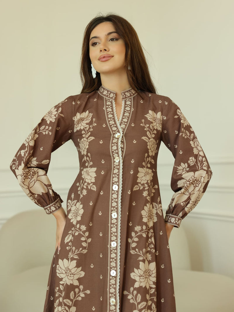 Ebony Brown Long Floral Dress
