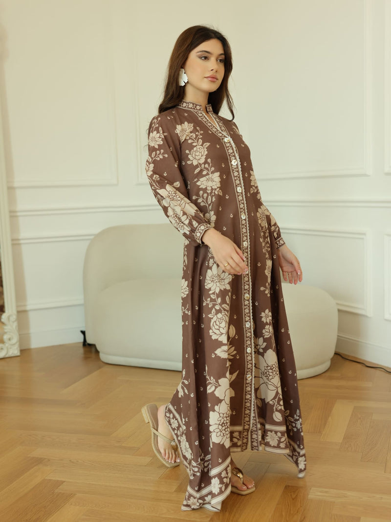 Ebony Brown Long Floral Dress