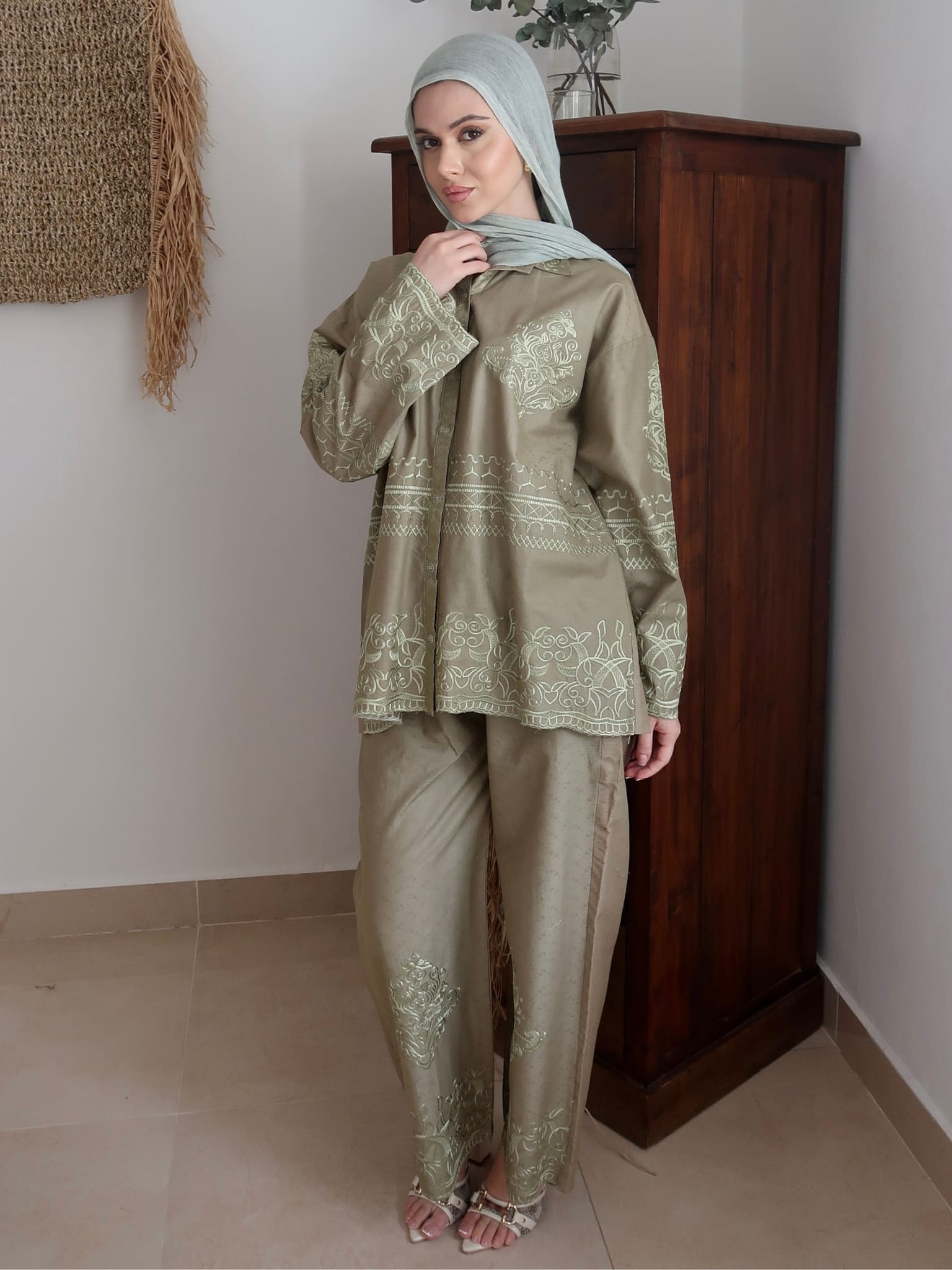 Enora Green Embroidered Pants