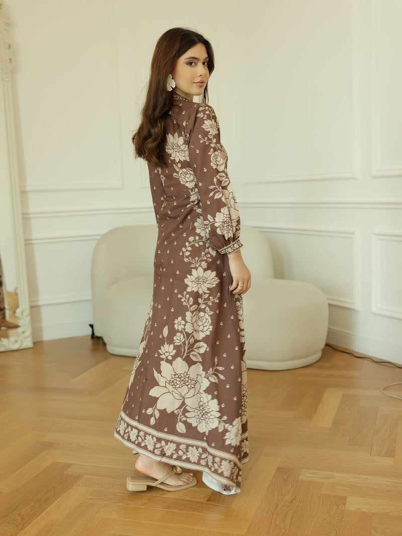 Ebony Brown Long Floral Dress
