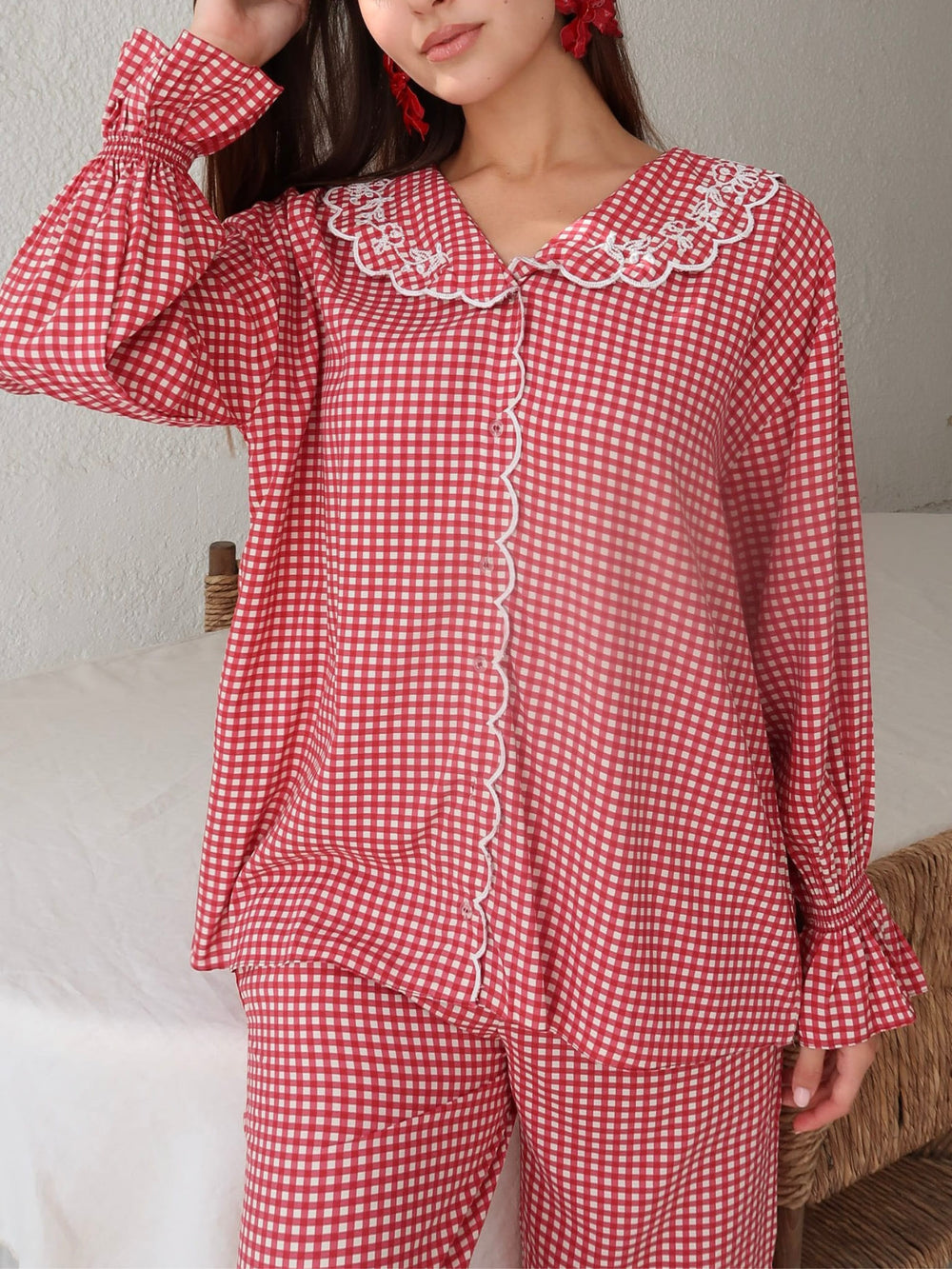 Snuzelle Red Embroidered Gingham Lounge Shirt