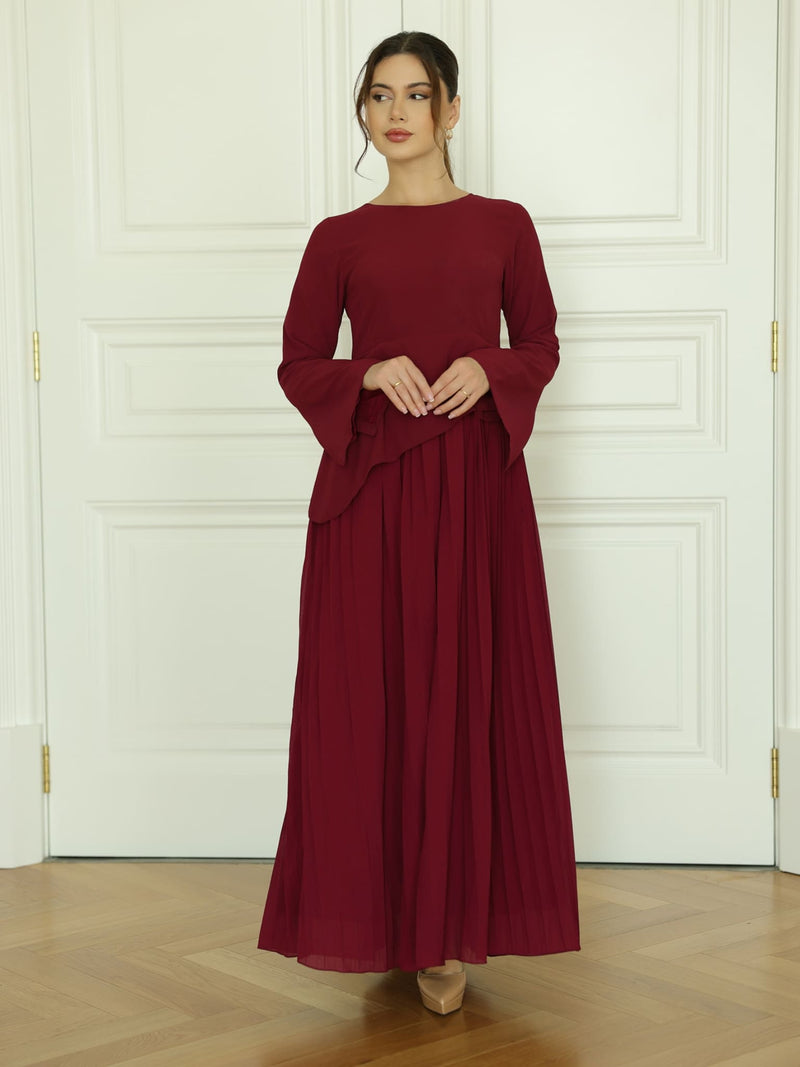 Celestine Maroon Pleated Long Dress