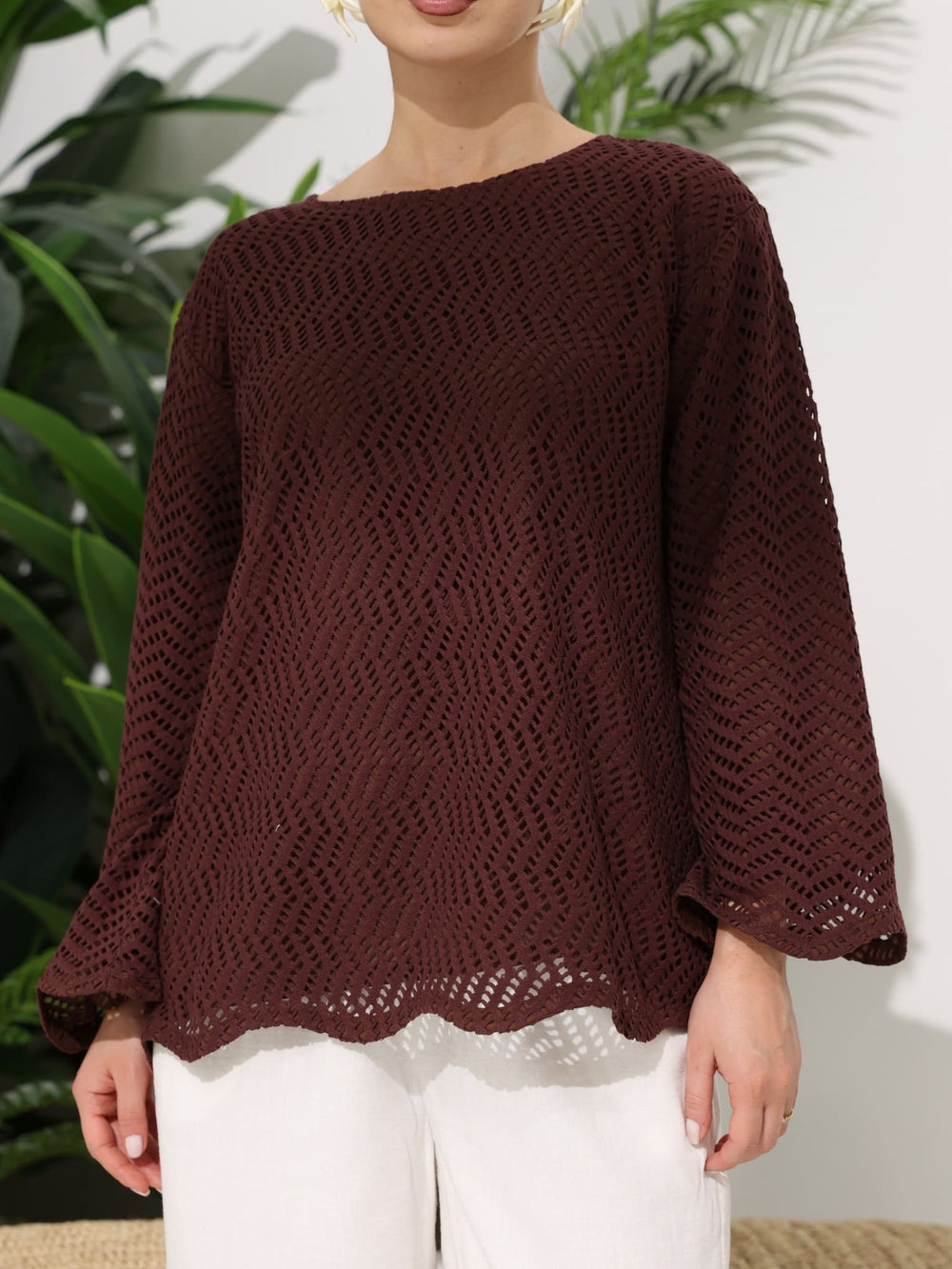 Clarissa Brown Crochet Swirl Shirt