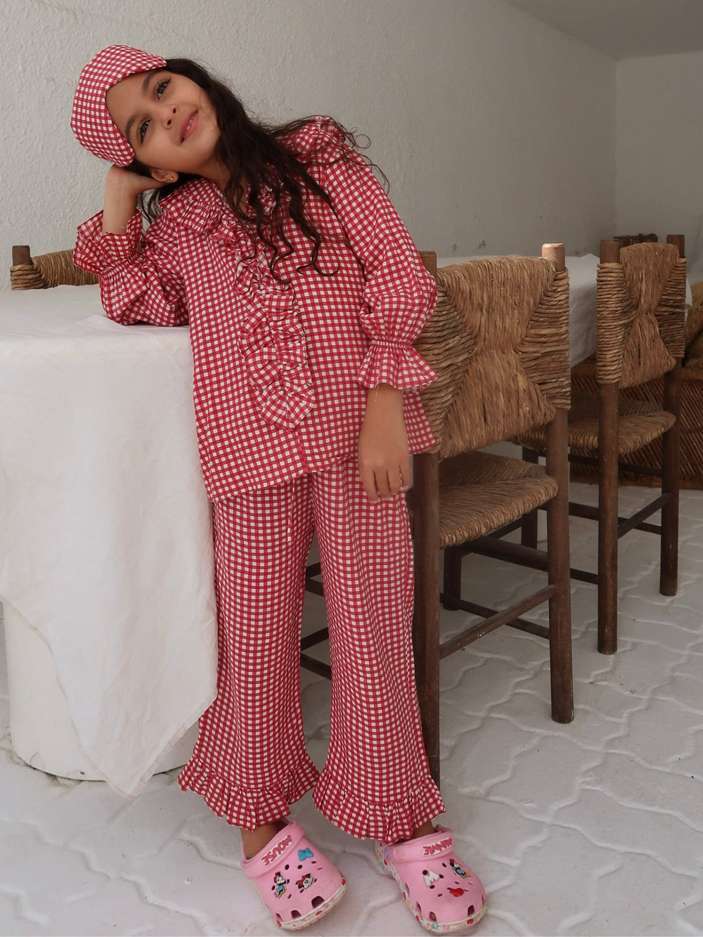Mini Snuzelle Red Embroidered Gingham lounge Set For Girls