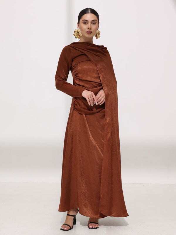 リルアー　drape design dress M-Long brown Mirena Brown Soft Silk Long Drape Dress