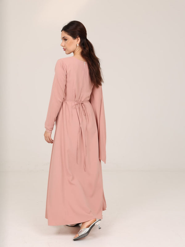 pink buckle dress COCKTAIL RUFFLE SLEEVES MIDI DRESS WITH GOLD BUCKLE ACCENT (SOFT PINK) Dress Code Chic Official