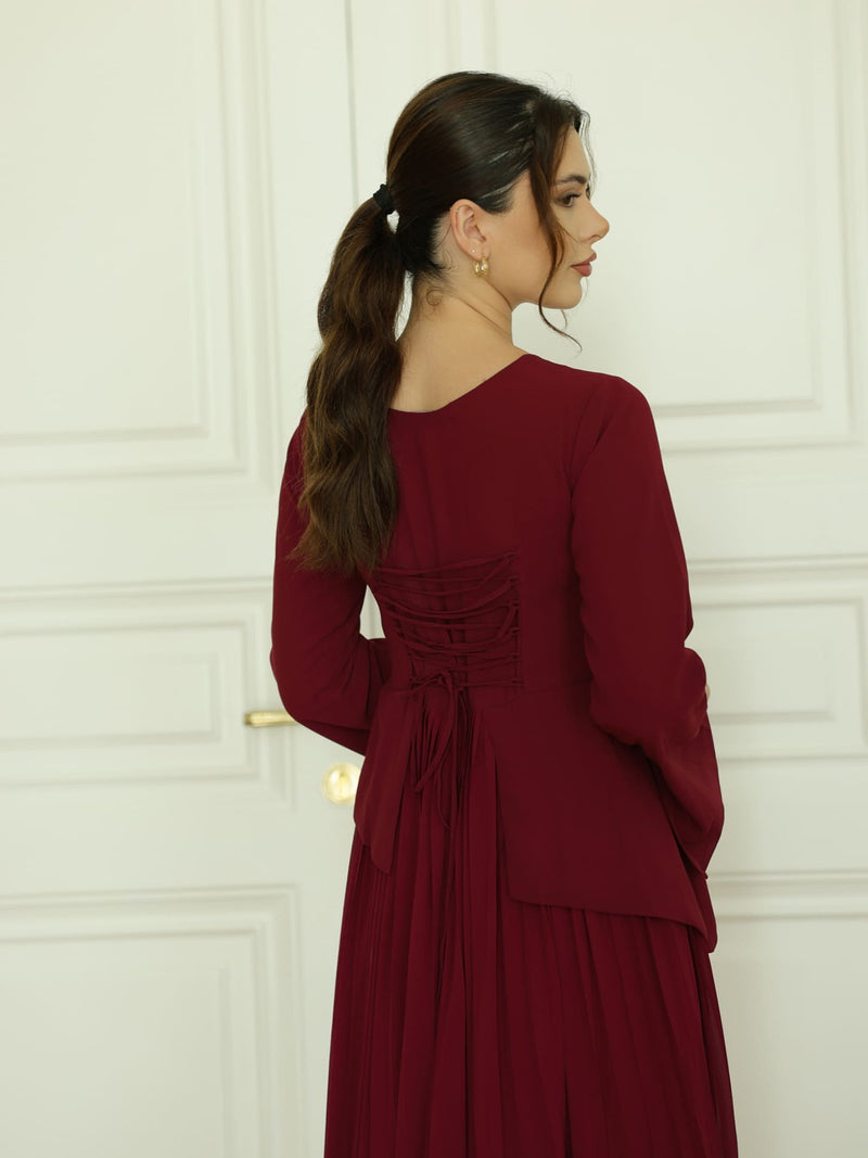 Celestine Maroon Pleated Long Dress