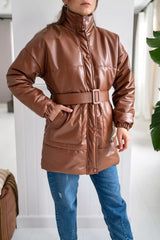 woman's brown leather puffer jacket by sowears