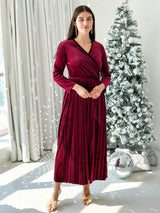plum velvet dress with long sleeves, v neck and a belt