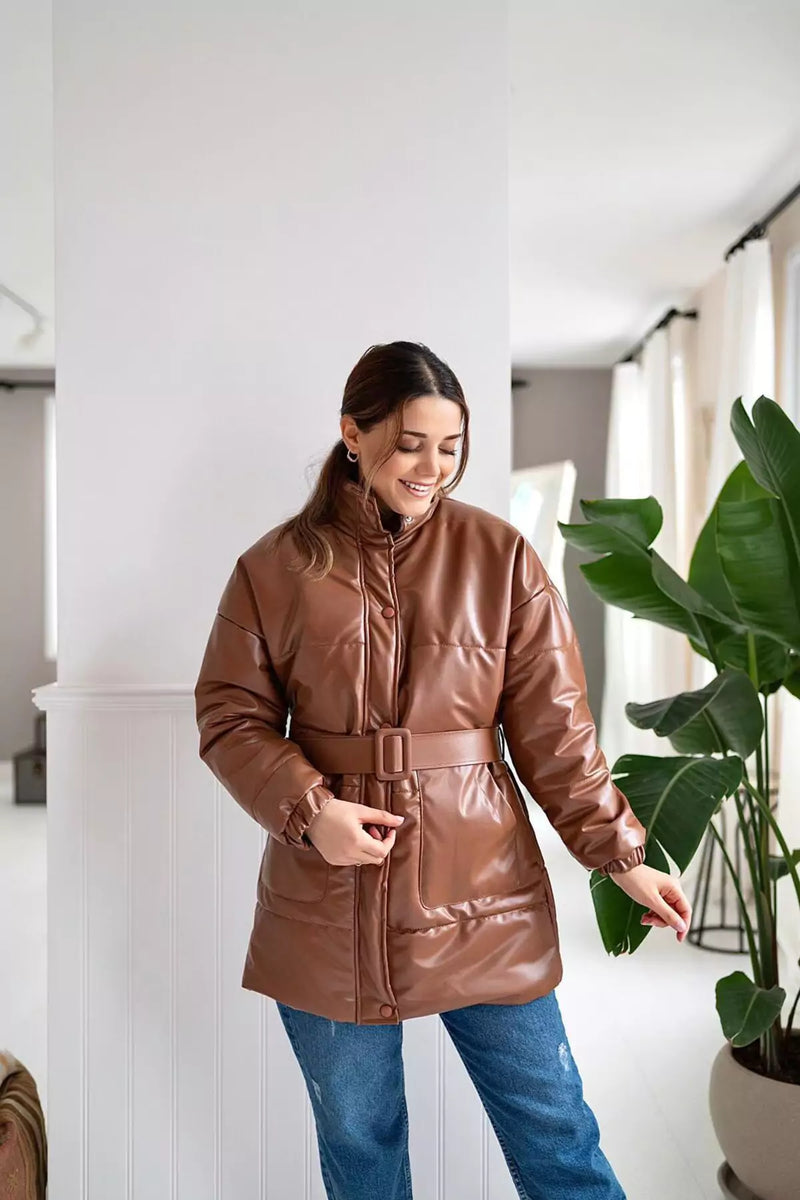 brown leather puffer jacket with belt
