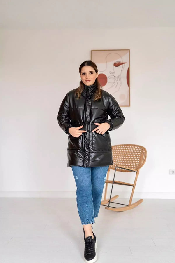 model wearing woman's black leather puffer jacket by sowears