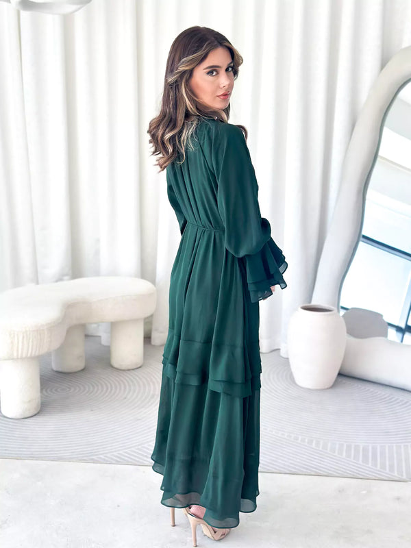 green ruffle dress Daphne Maxi Fitted waist tops a tiered Midori Ruffle Green Long Dress