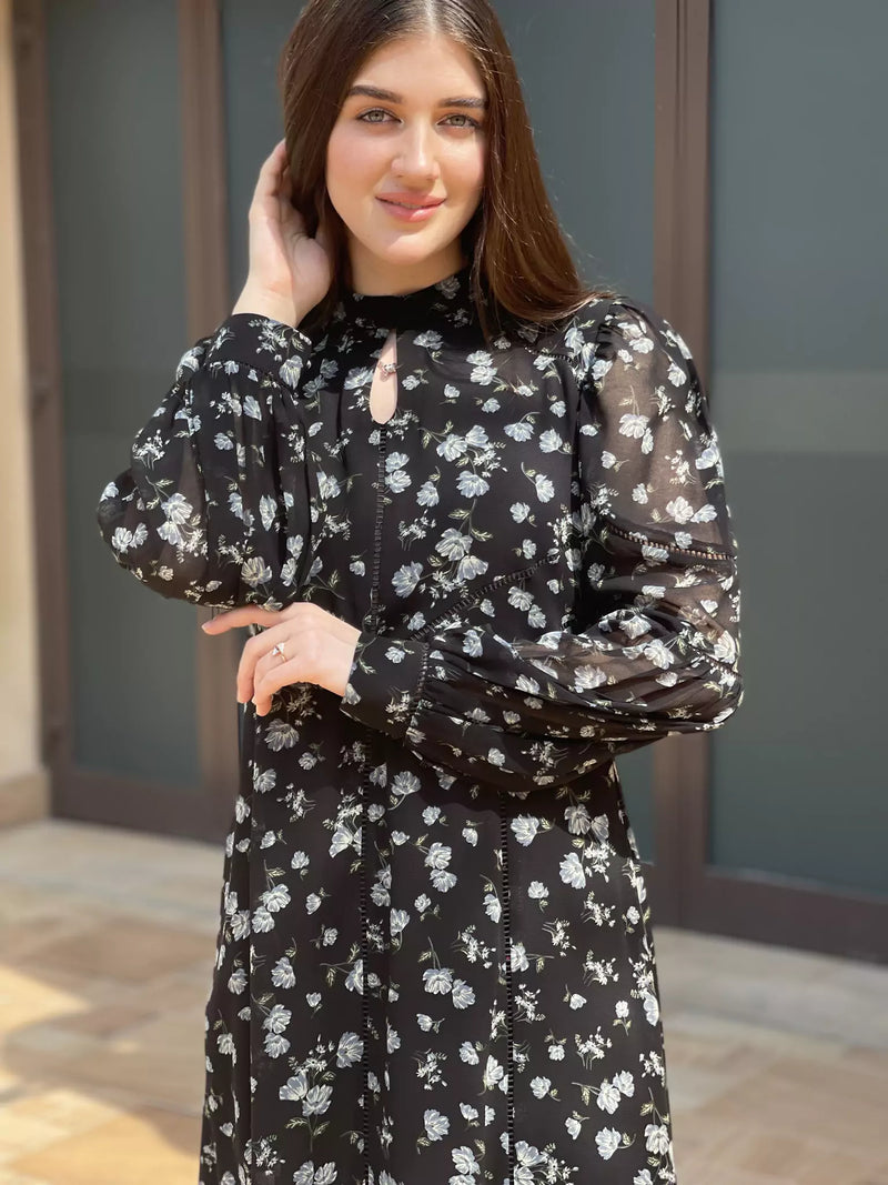Veliora Black Floral Lacey Long Dress