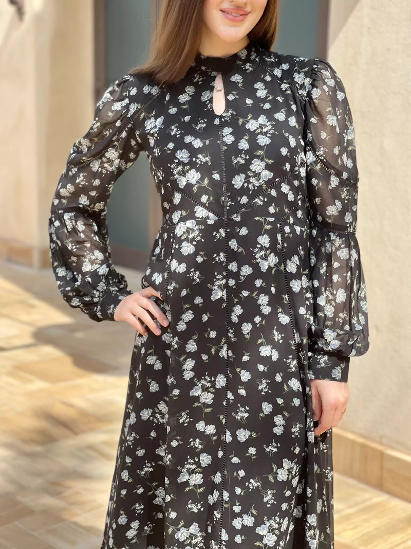 Veliora Black Floral Lacey Long Dress