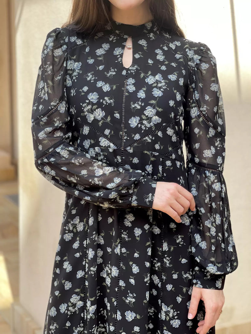 Veliora Black Floral Lacey Long Dress