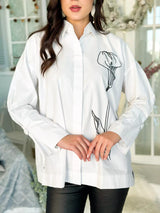 Camellia Embroidered Oversized Shirt - White