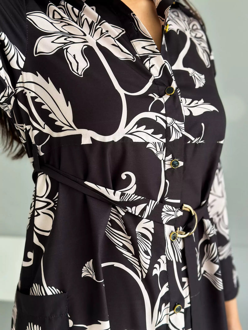 Leona Black Printed Long Dress With Pockets & Belt