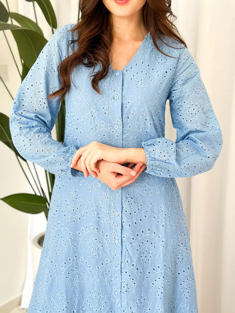 Moment Cut Work Embroidered Dress - Blue