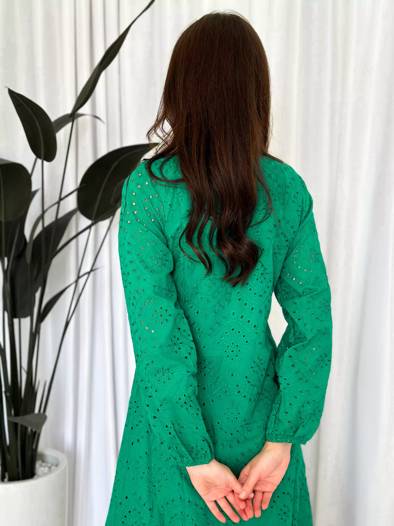 Moment Cut Work Embroidered Dress - Green