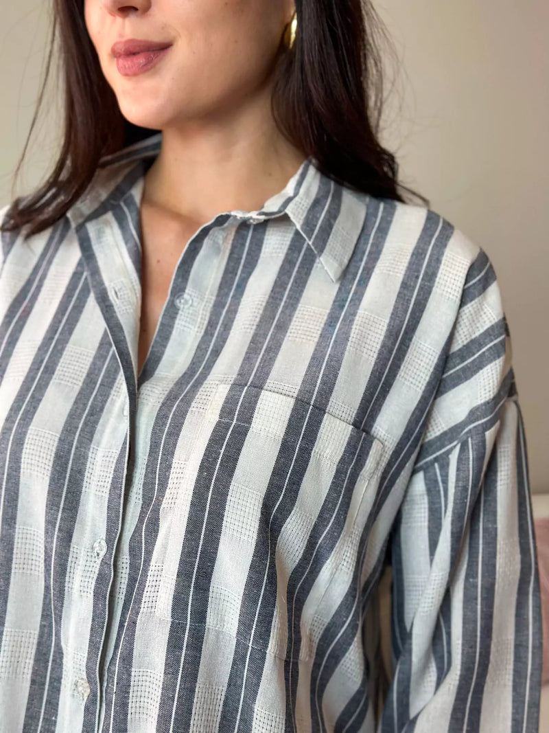 Grey Stripes Button Down Long Shirt